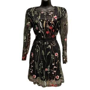Black Dress with Sheer Overlay & Embroidered Floral Pattern - Size Medium